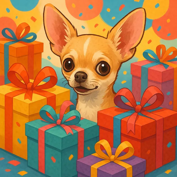 Enjoy an online jigsaw puzzle designed for browser play, featuring a cheerful chihuahua nestled among bright, festive gift boxes.