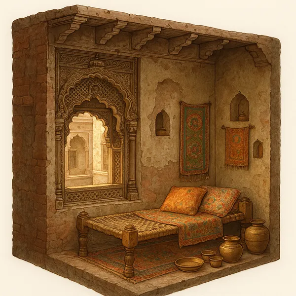 Enjoy an online jigsaw puzzle designed for browser play, featuring a cozy historic interior scene that blends architecture and textile art.