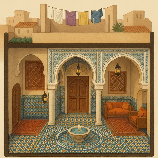 Here’s an online jigsaw puzzle you can play in your browser, featuring a sunlit Mediterranean/Moroccan courtyard scene that highlights architecture and interior