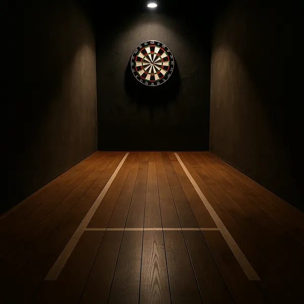 Enjoy an online jigsaw puzzle designed for browser play, featuring a moody indoor game scene centered on a classic dartboard.