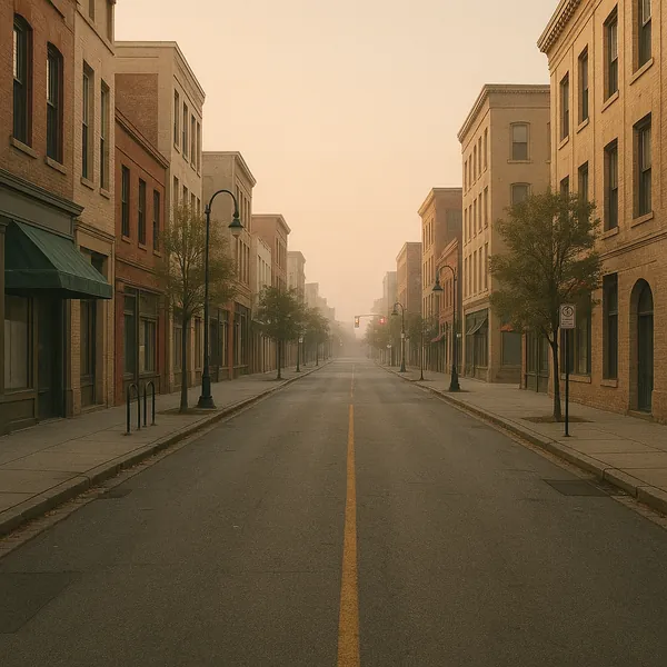 Enjoy an online jigsaw puzzle designed for browser play, featuring a tranquil city street scene framed by classic brick buildings and old-fashioned lampposts.