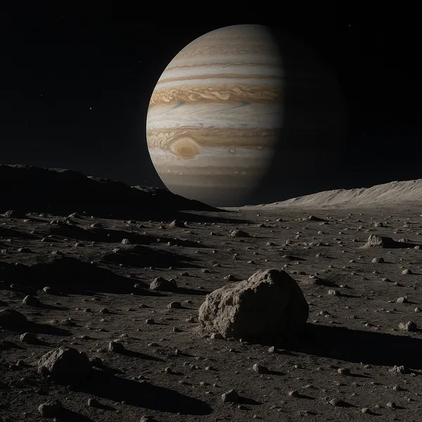 Enjoy an online jigsaw puzzle designed for browser play, featuring a stunning space scene of a rocky moonlike surface with a giant planet rising on the horizon.