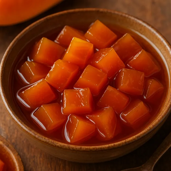 This online jigsaw puzzle features a close-up food scene of glossy orange fruit cubes in syrup, perfect for browser play.