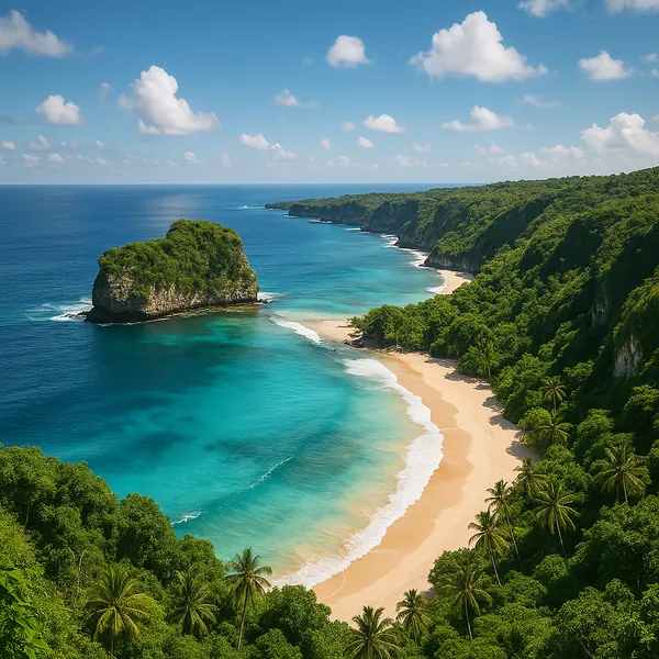 Enjoy an online jigsaw puzzle designed for browser play, featuring a sunlit tropical coastline and lush green cliffs.