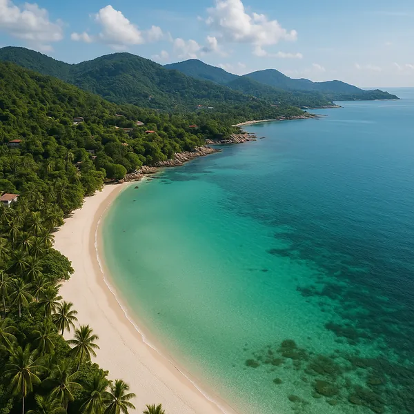 This online jigsaw puzzle features a tranquil tropical beach and lush green coastline you can enjoy right in your browser, a soothing nature scene perfect for a