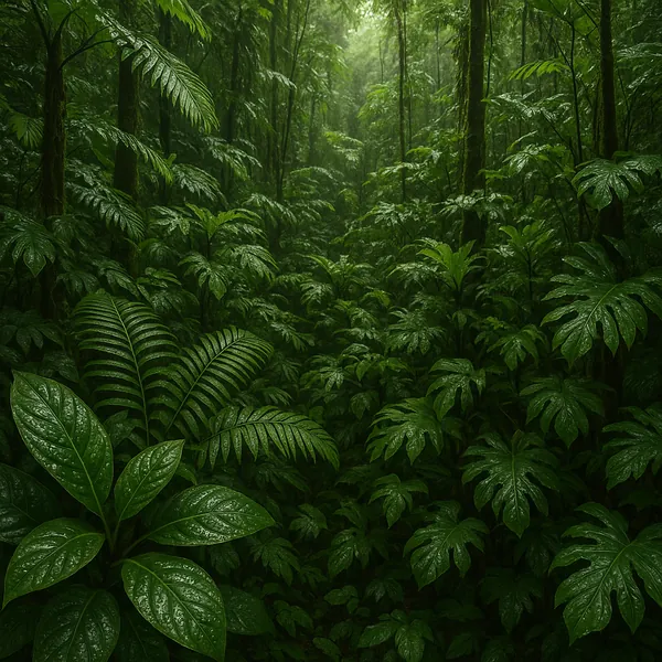 Enjoy an online jigsaw puzzle designed for browser play, featuring a lush rainforest scene rich in verdant foliage and deep green hues.