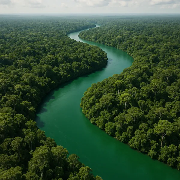 Enjoy an online jigsaw puzzle designed for browser play, featuring a winding river snaking through an endless canopy of rainforest.
