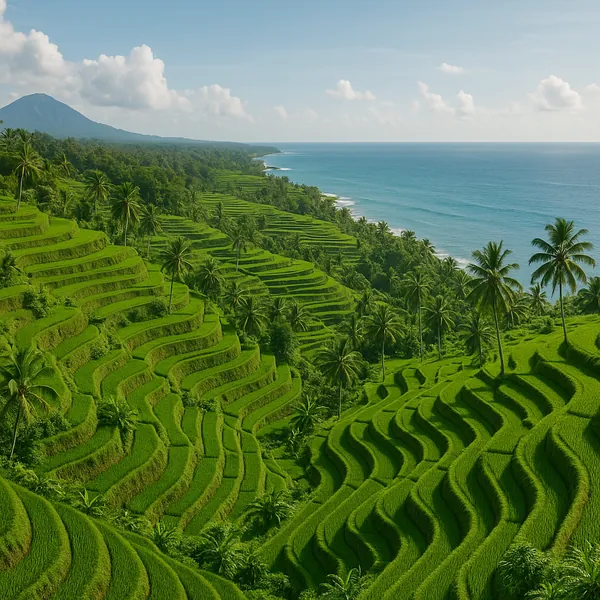 This online jigsaw puzzle features a lush coastal landscape of terraced rice fields and swaying palm trees, perfect for nature and travel lovers to enjoy in the