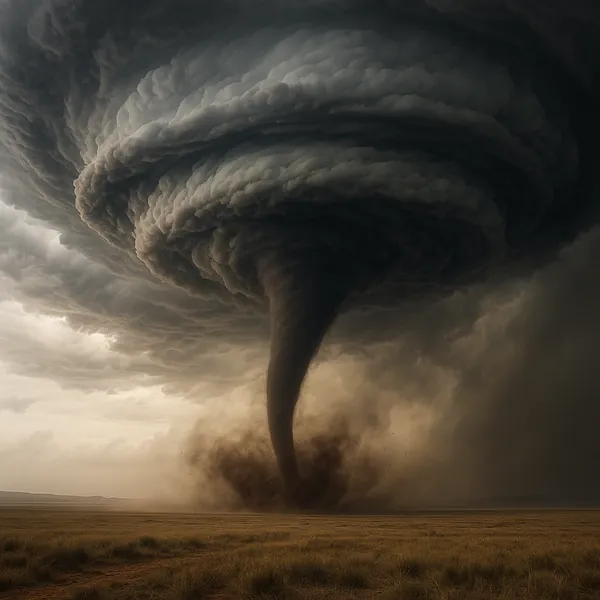 This online jigsaw puzzle features a dramatic storm scene centered on a massive tornado sweeping across open plains, a striking nature theme perfect for browser