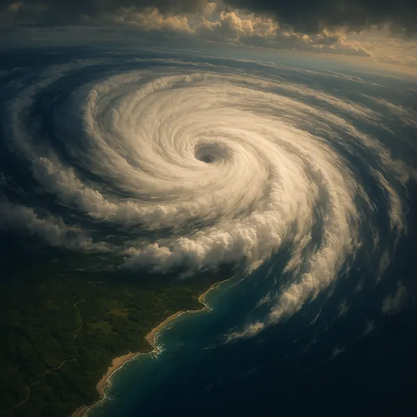 Enjoy an online jigsaw puzzle designed for browser play, featuring a dramatic natural scene of a colossal storm spiraling above a coastal landscape.