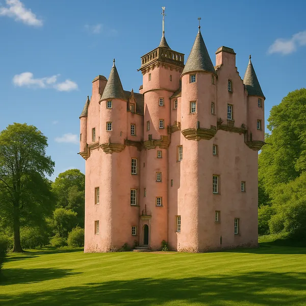 Enjoy an online jigsaw puzzle designed for browser play, featuring a charming pink castle set amid lush green grounds — a delightful mix of architecture and nat