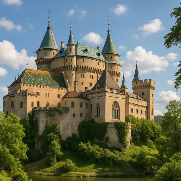 Enjoy an online jigsaw puzzle designed for browser play, featuring a stately castle set amid lush greenery and sky.