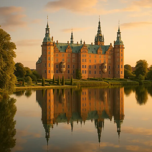 Enjoy an online jigsaw puzzle designed for browser play, featuring a stately historic castle set beside a mirror-like lake.