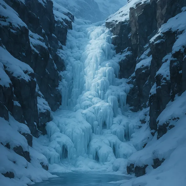 Enjoy an online jigsaw puzzle designed for browser play, featuring a frozen waterfall set in a wintry mountain scene and celebrating the beauty of nature.