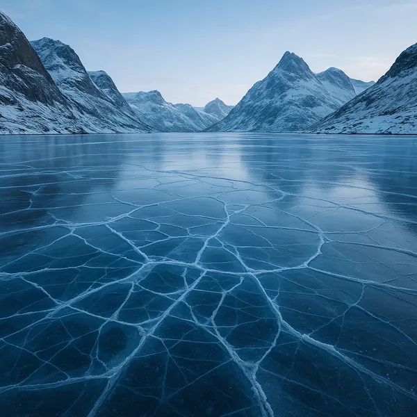 Enjoy an online jigsaw puzzle designed for browser play, featuring a serene winter landscape of icy waters and snow-covered mountains.