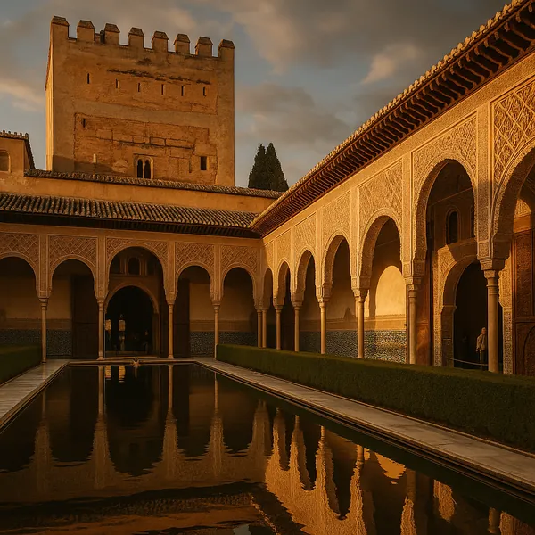 This online jigsaw puzzle features a serene historic courtyard scene of classic Moorish architecture, perfect for browser play and fans of cityscapes and landma