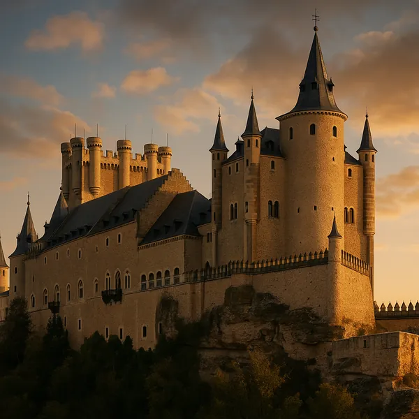 Enjoy an online jigsaw puzzle designed for browser play, featuring a majestic medieval castle bathed in warm golden light.