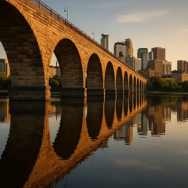 This online jigsaw puzzle features a graceful stone arch bridge set against a modern city skyline, perfect for lovers of architecture and urban landscapes.