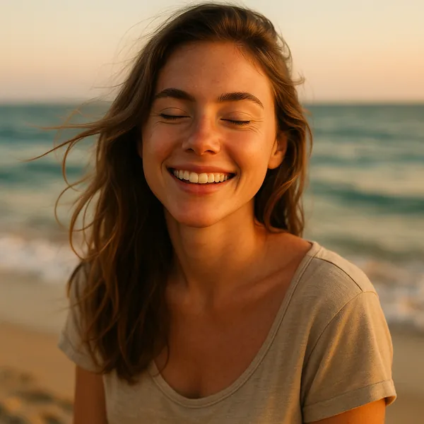 Enjoy an online jigsaw puzzle designed for browser play, featuring a warm beach portrait that blends human charm with coastal scenery.