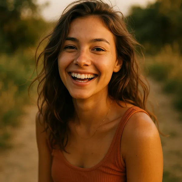 This online jigsaw puzzle features a warm outdoor portrait of a smiling young woman set against a soft, natural backdrop, perfect for browser play.