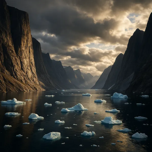 Enjoy an online jigsaw puzzle designed for browser play, featuring a dramatic nature scene of a narrow fjord dotted with floating ice.