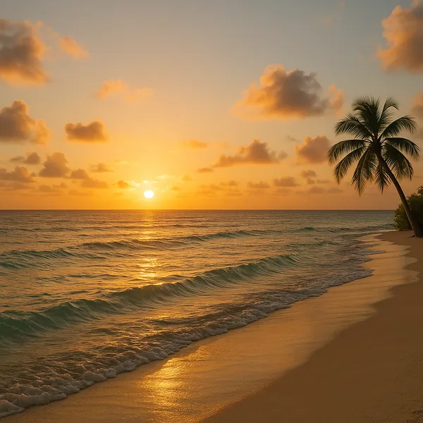 Enjoy an online jigsaw puzzle designed for browser play, featuring a tranquil tropical sunset over a sandy beach.