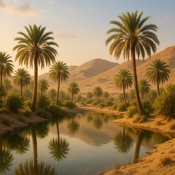 Enjoy an online jigsaw puzzle designed for browser play, featuring a tranquil desert oasis with graceful palm trees and a reflective pool.