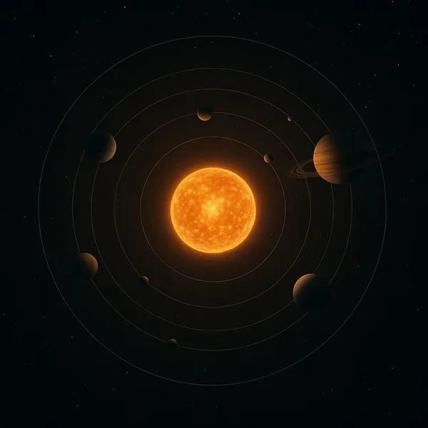 Enjoy an online jigsaw puzzle designed for browser play, featuring a stylized view of a glowing star surrounded by orbiting planets in a serene space scene.