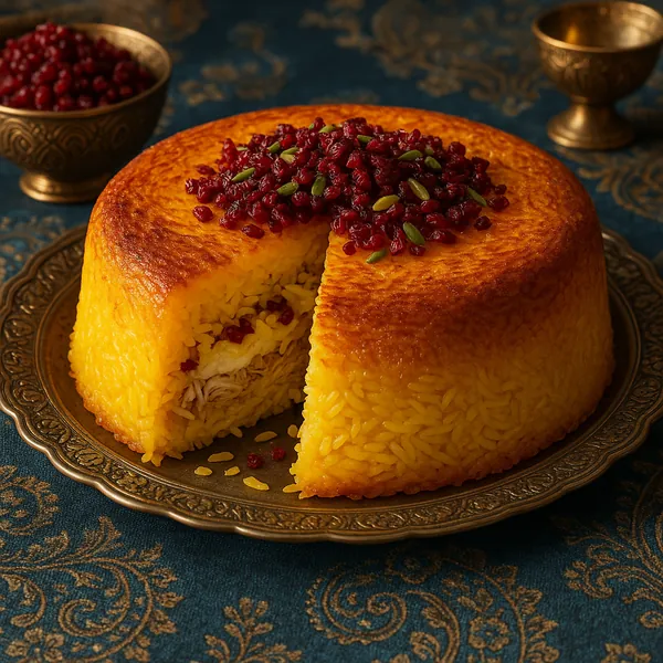 Enjoy an online jigsaw puzzle designed for browser play, featuring a beautifully presented plate of food with a golden Persian tahchin crowned by jewel-like red