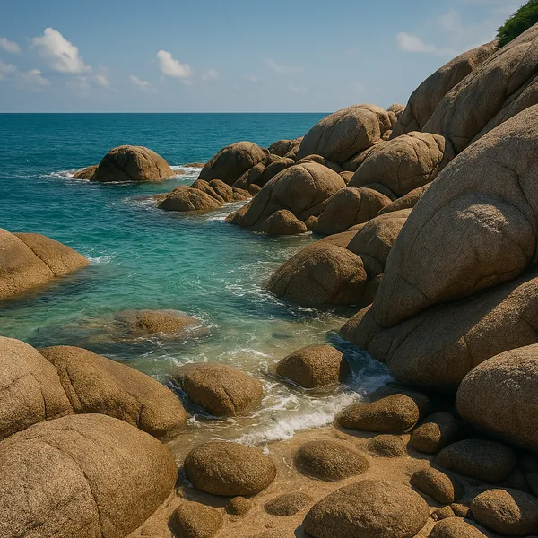 Enjoy an online jigsaw puzzle designed for browser play, featuring a tranquil coastal scene of rounded granite boulders and turquoise sea.
