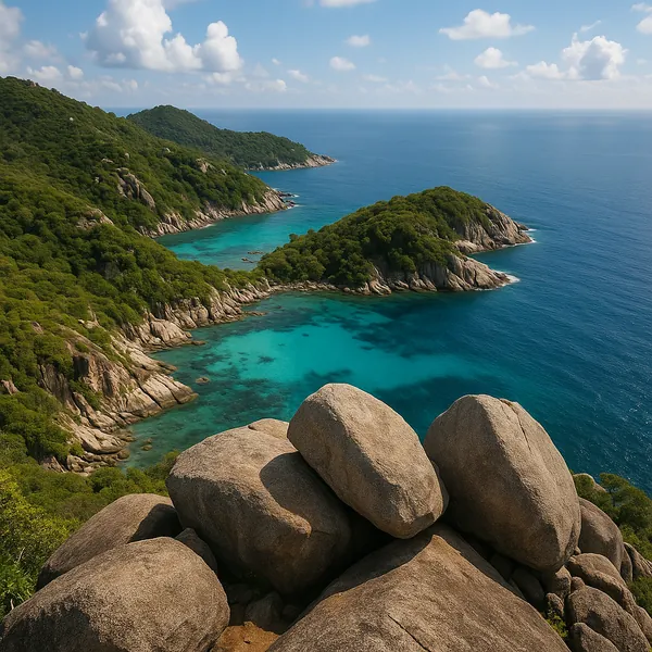 Enjoy an online jigsaw puzzle designed for browser play, featuring a tranquil seaside nature scene of rocky headlands and turquoise bays.