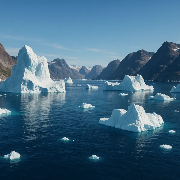 This online jigsaw puzzle features a serene Arctic seascape with towering icebergs and rugged mountain shores, perfect for nature lovers to play right in their