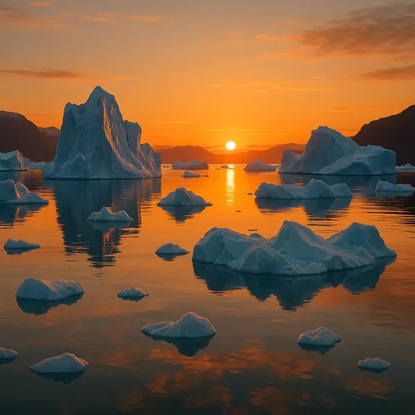 Enjoy an online jigsaw puzzle designed for browser play, featuring a serene Arctic seascape of icebergs glowing in the warm light of a sunset.