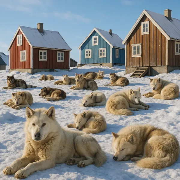 Enjoy an online jigsaw puzzle designed for browser play, featuring a serene winter scene of Arctic sled dogs and a small snowy village.