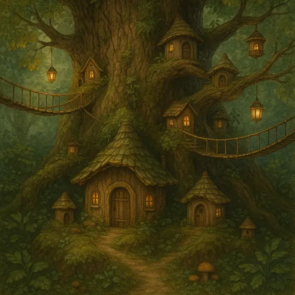 Enjoy an online jigsaw puzzle designed for browser play, featuring a whimsical fantasy scene of tiny treehouse homes tucked into an ancient forest.
