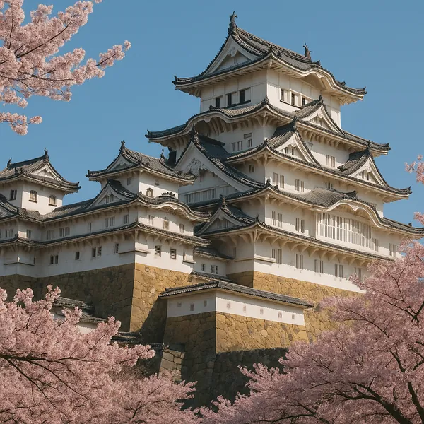 Enjoy an online jigsaw puzzle designed for browser play, featuring traditional Japanese architecture framed by springtime cherry blossoms.