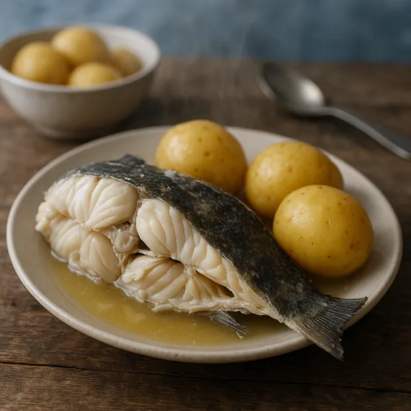 Enjoy an online jigsaw puzzle designed for browser play, featuring a comforting food scene of tender cooked fish and golden new potatoes.