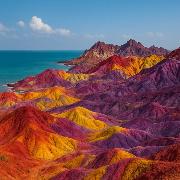 Enjoy an online jigsaw puzzle designed for browser play, featuring a striking natural landscape of multicolored hills by the sea.