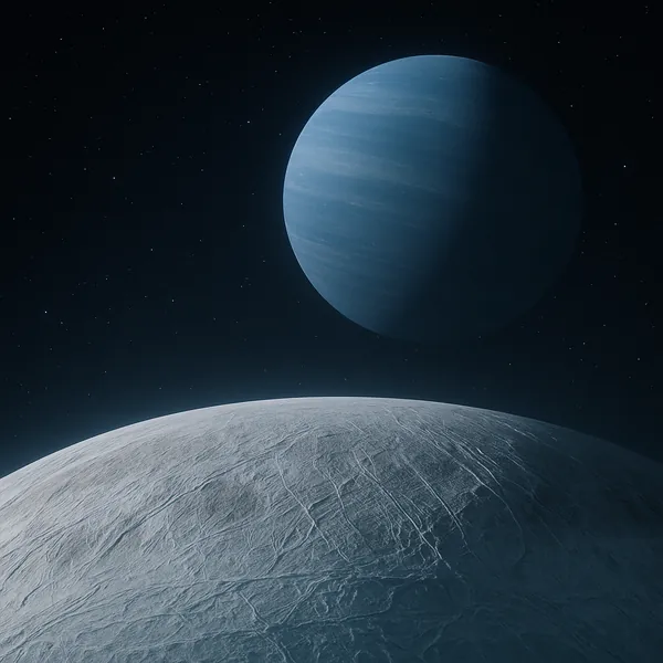 Enjoy an online jigsaw puzzle designed for browser play, featuring a tranquil space scene of icy worlds and a distant blue gas giant.
