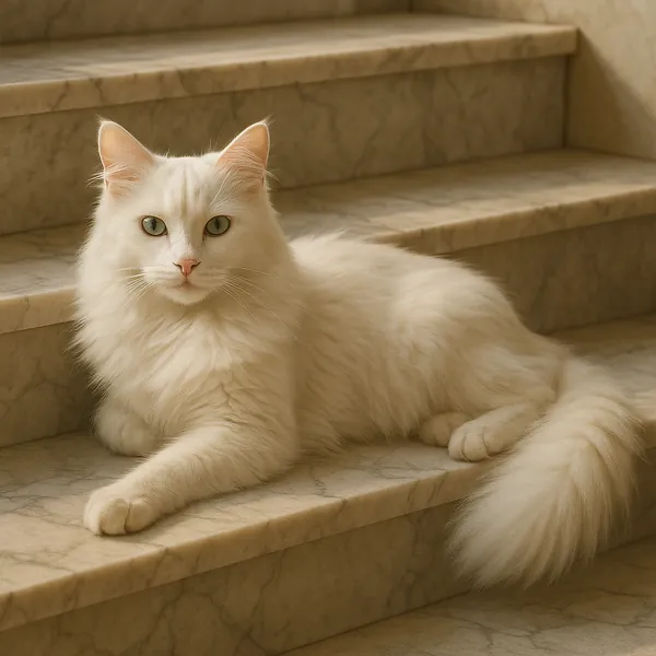 This online jigsaw puzzle features a serene, fluffy white cat lounging on marble steps, perfect for lovers of animals and cozy indoor scenes.
