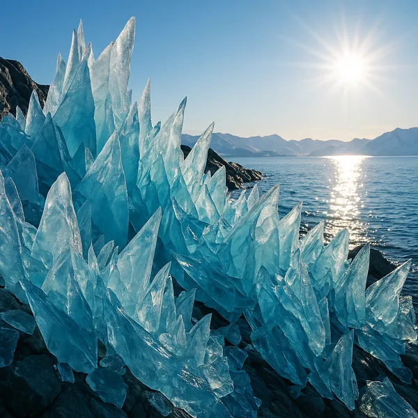Enjoy an online jigsaw puzzle designed for browser play, featuring a dramatic natural ice formation beside a sunlit coastal scene.
