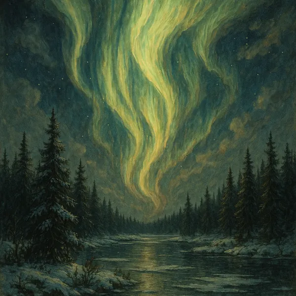 Enjoy an online jigsaw puzzle designed for browser play, featuring a magical nature scene of the northern lights dancing over a snowy forest.