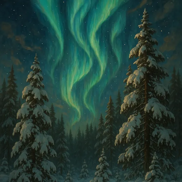 Enjoy an online jigsaw puzzle designed for browser play, featuring a serene winter nature scene illuminated by the northern lights.
