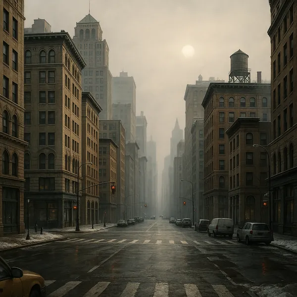 Play an online jigsaw puzzle in your browser that shows a misty urban scene of tall brick buildings and a quiet city street.