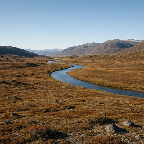 This online jigsaw puzzle features a sweeping natural landscape with a meandering river cutting through a broad valley.