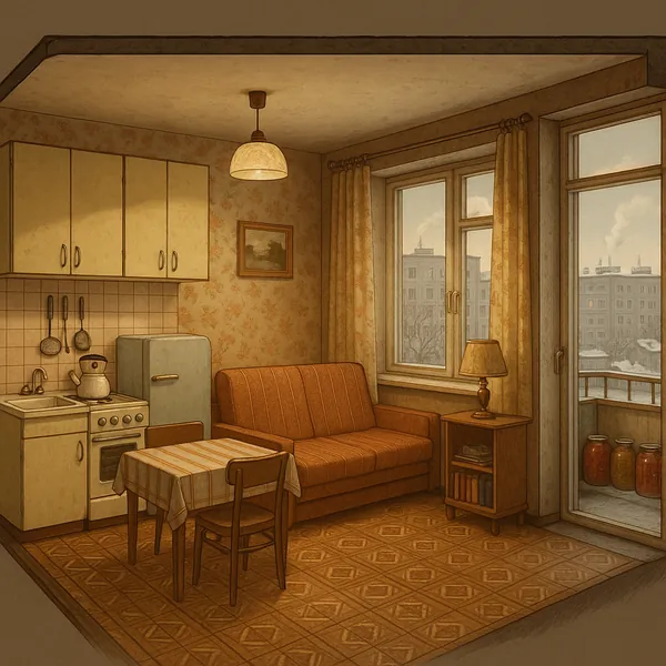 Enjoy an online jigsaw puzzle designed for browser play, featuring a cozy vintage apartment interior that blends kitchen and living space into a warm home scene