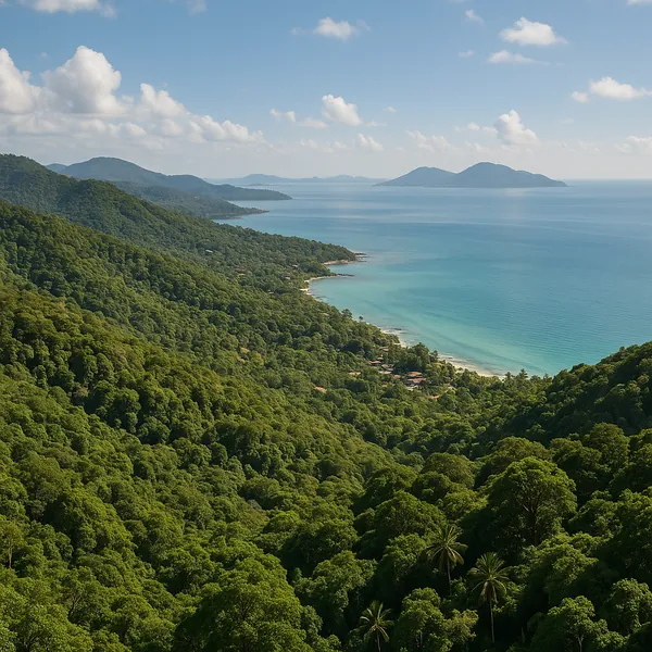 Enjoy an online jigsaw puzzle designed for browser play, featuring a lush coastal nature scene where emerald forested hills meet a calm turquoise sea.