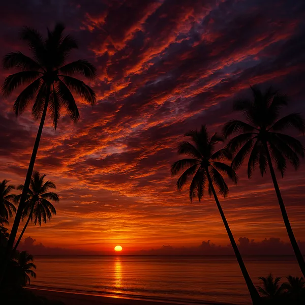 This online jigsaw puzzle features a breathtaking tropical sunset over the ocean, perfect for nature and beach lovers to enjoy in the browser.