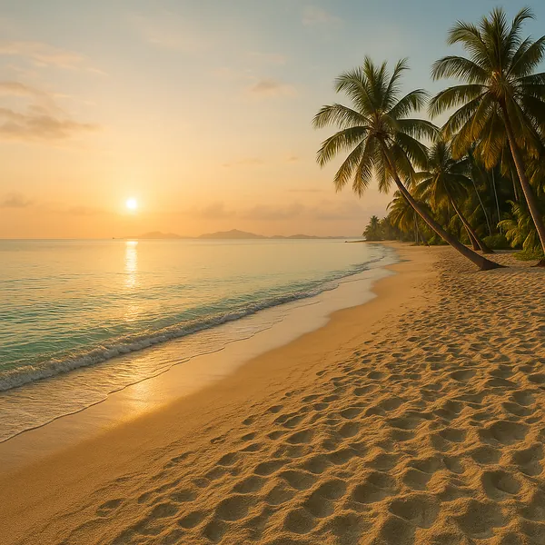 Enjoy an online jigsaw puzzle designed for browser play, featuring a tranquil tropical beach scene at golden hour.