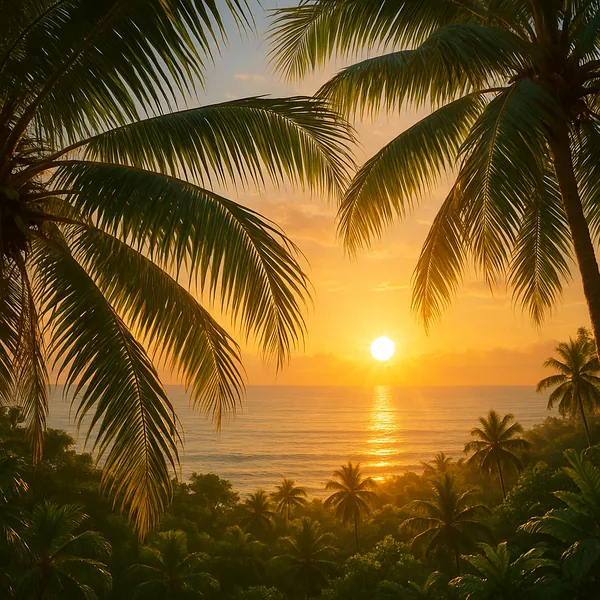 Enjoy an online jigsaw puzzle designed for browser play, featuring a tranquil tropical sunset framed by swaying palm trees and a glimmering sea.